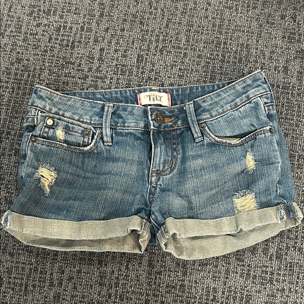 7 For All Mankind Blue Distressed Jean Shorts